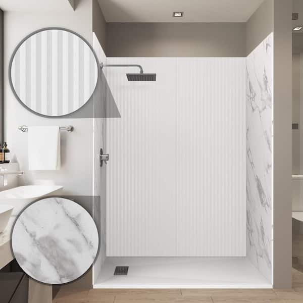 CASTICO Bevel/Carrara 32 in. x 60 in. x 84 in. Solid Composite Stone Alcove Shower Kit with Walls and White Pan Base L/R Drain