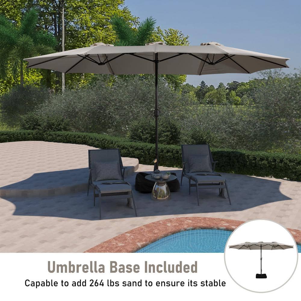 Beige 15-ft Steel Double-Sided Patio Umbrella with Base