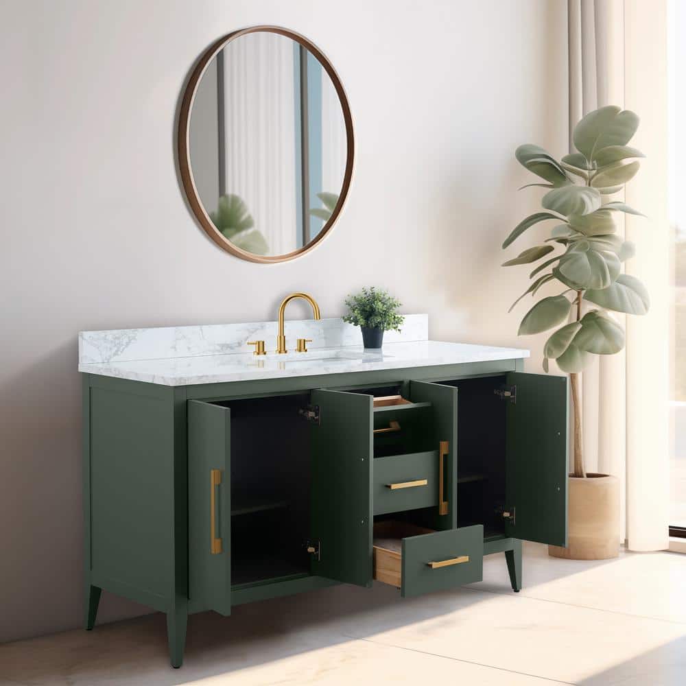 Vintage Green 60" Poplar Wood Single Sink Bathroom Vanity with Engineered Marble Countertop