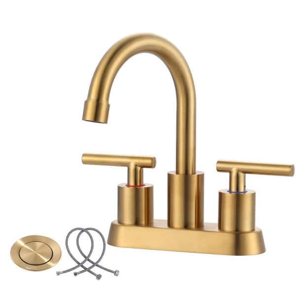 4 in. Centerset Double Handle Stainless Steel Bathroom Faucet with Drain Kit and 2 Water Supply Lines in Brushed Gold