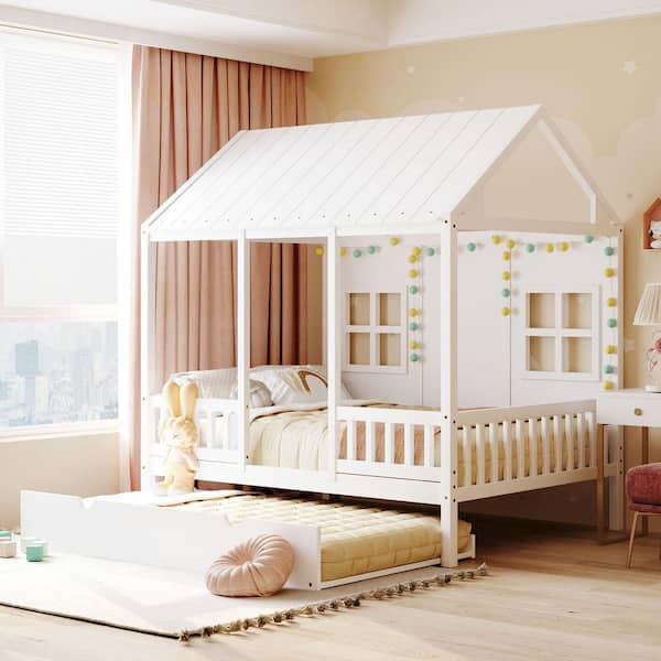 White Wood Frame Full Size Platform Bed with Twin Size Trundle