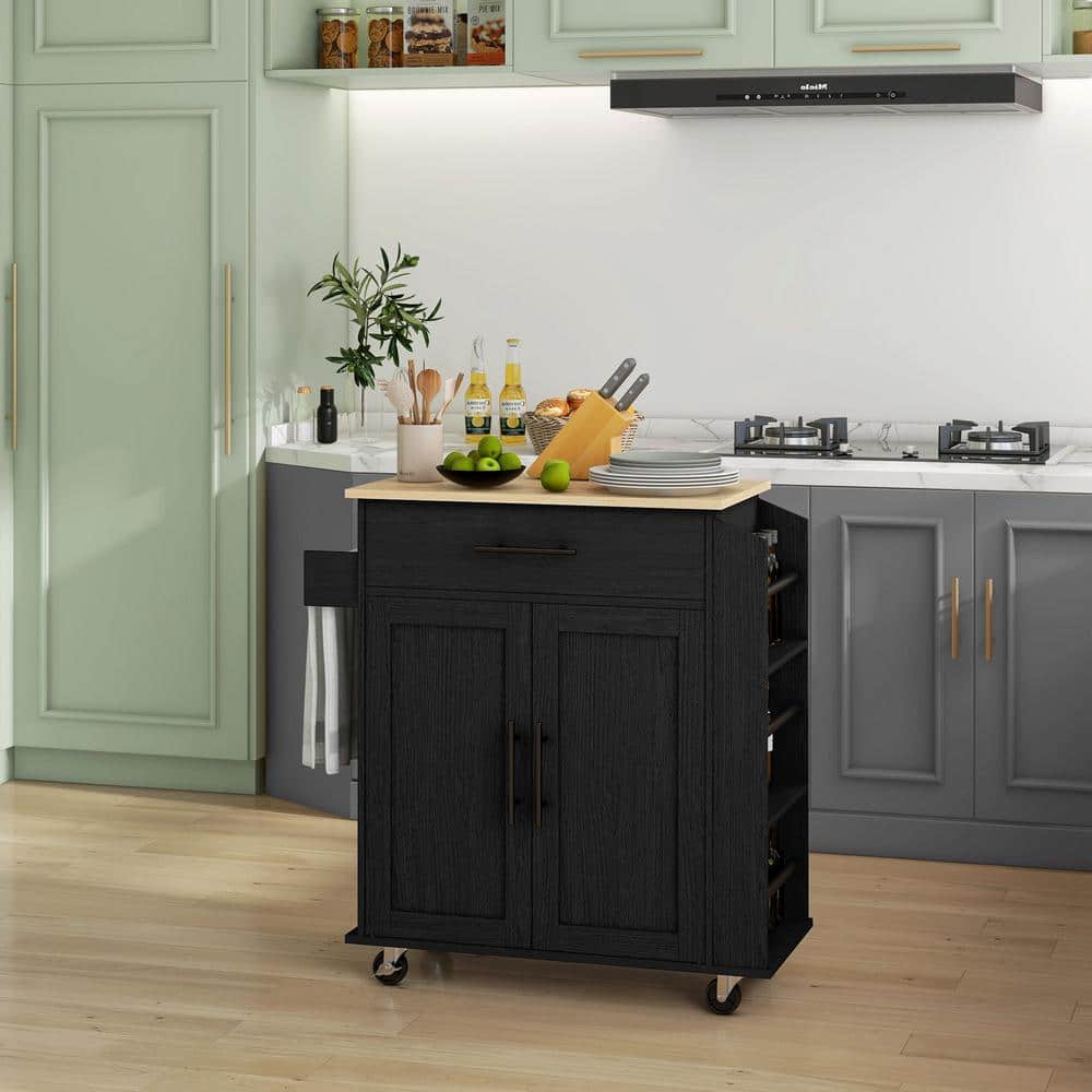 Black Wood Kitchen Cart with Spice Rack and Storage