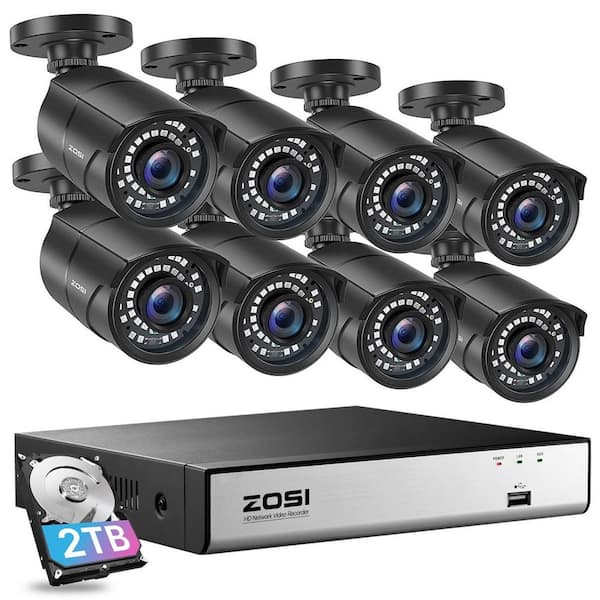 ZOSI 4K 8-Channel POE 2TB NVR Security Camera System with 8-Wired 5MP Outdoor Bullet Cameras, Black