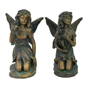 7 in. Bronze Kneeling Fairies With Flowers & A Butterfly Garden Statues Set of 2