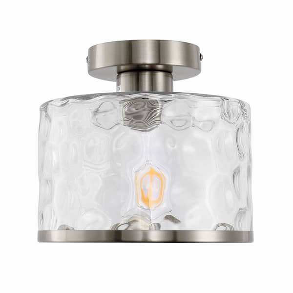 Emeritpro 9 in. 1-Light Brushed Nickel Round Clear Glass Semi-Flush Mount with Water Glass Shade 1-Pack