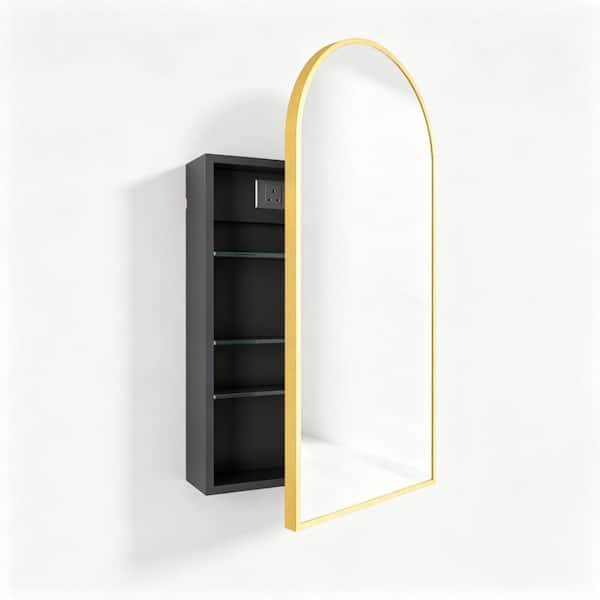 20 in. W x 34 in. H Gold Metal Surface Mount Medicine Cabinet with Mirror with Power Outlet