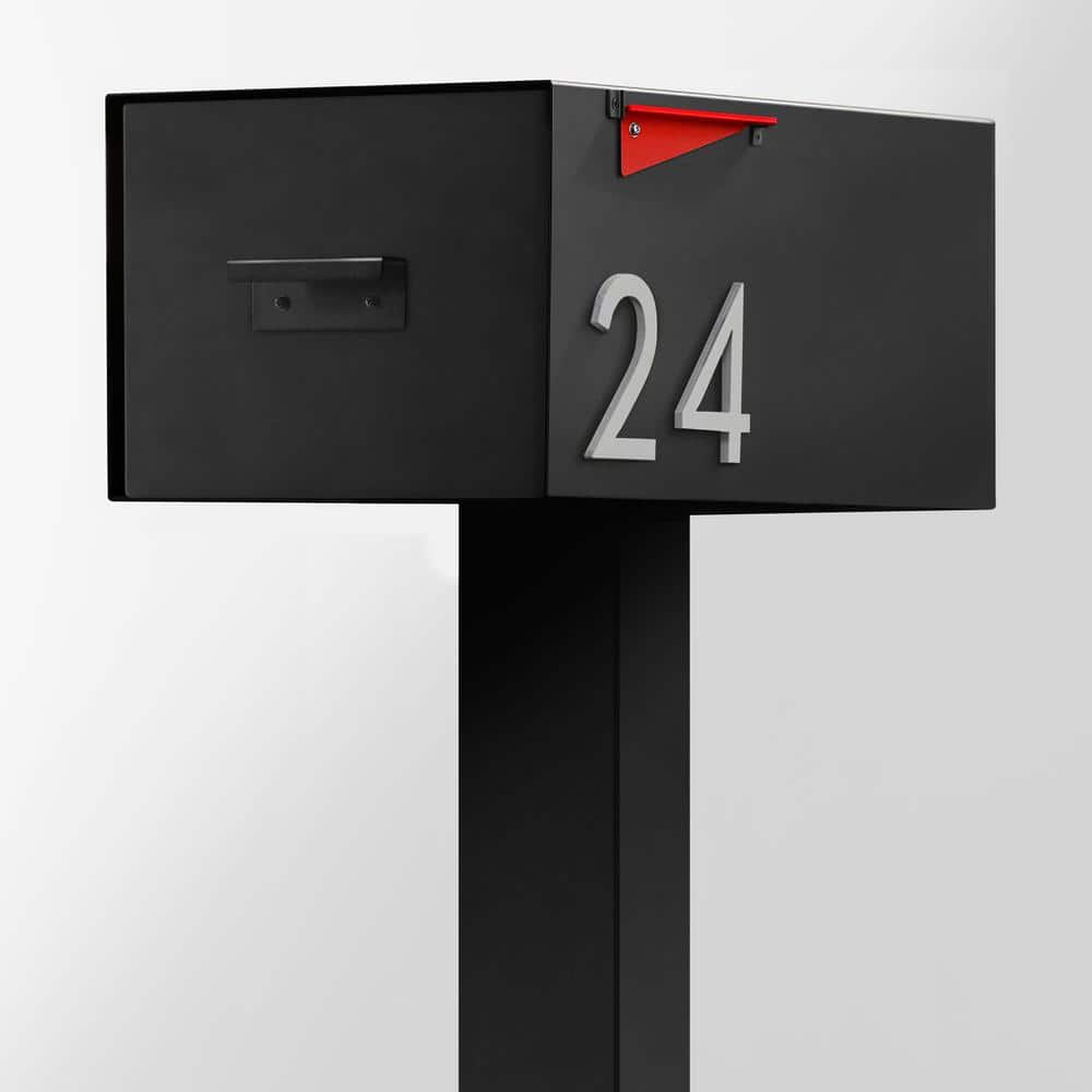 Large Black Steel Post-Mounted Mailbox with Brass Numbers