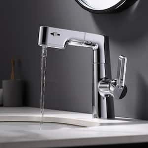 Single-Handle Single Hole Bathroom Faucet with LED Display and Pull Out Spray in Polished Chrome