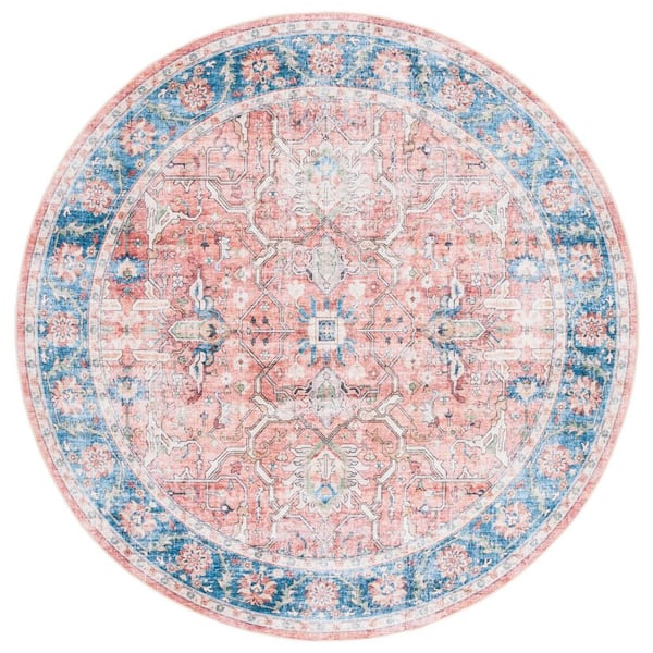 SAFAVIEH Arizona Rust/Aqua 6 ft. x 6 ft. Distressed Border Ornate Machine Washable Round Area Rug