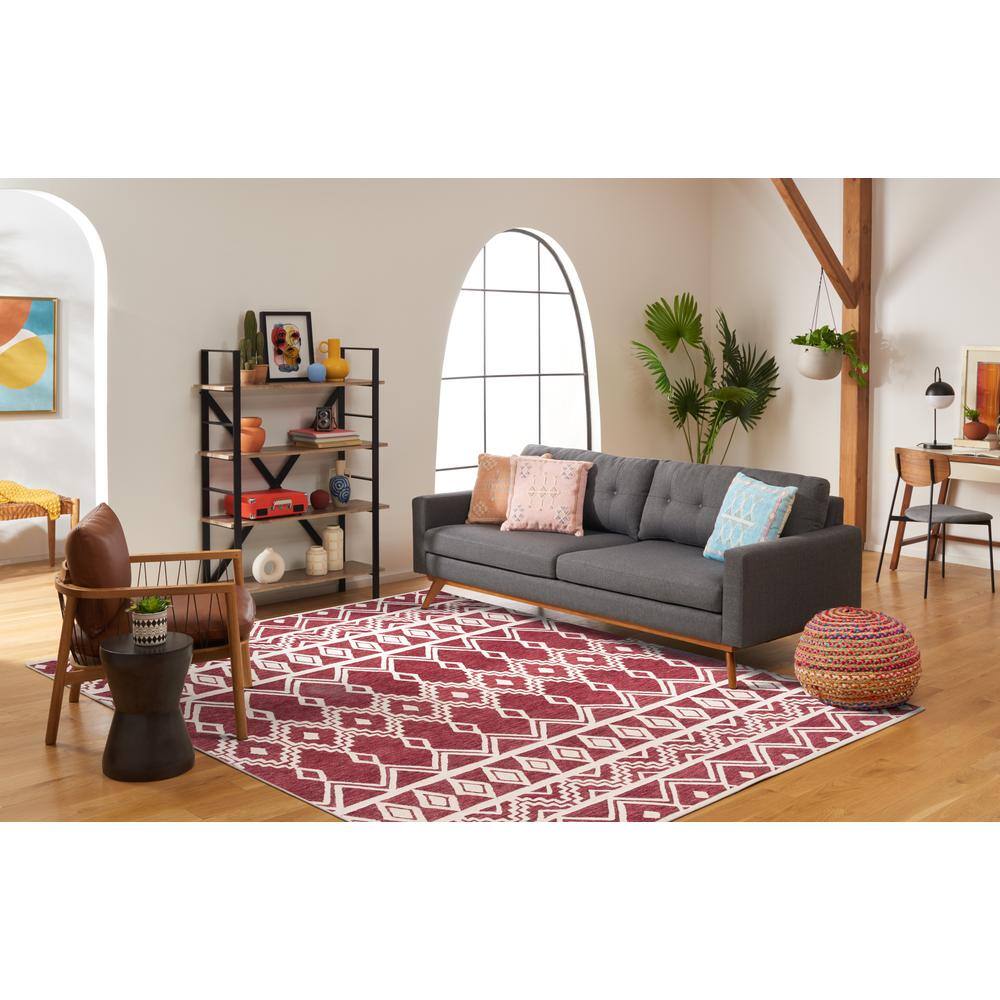 Hand-Tufted Red and Ivory Wool Abstract 8' x 10' Area Rug
