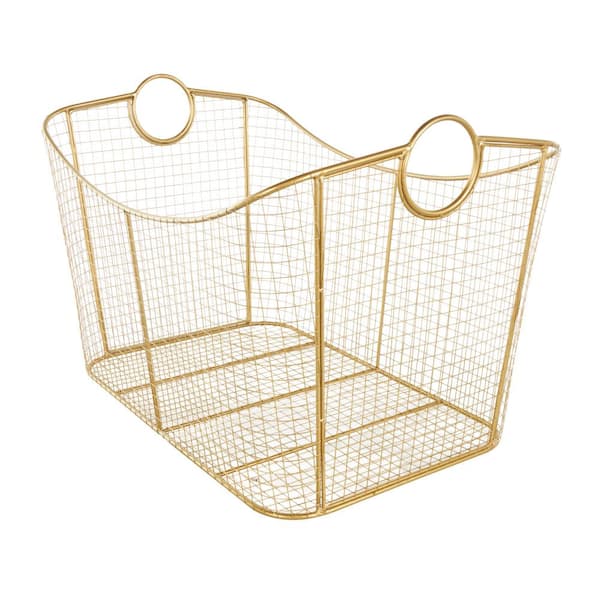 Litton Lane - Geometric Gold Metal Wire Grid Storage Basket with Curved Edges Ring Handles