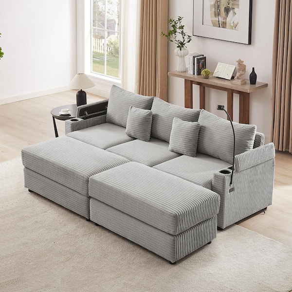 95.3 in. Corduroy Fabric Modern Sectional Sofa in Gray with 2-Ottomans, Storage Armrests, USB Ports, Phone Holder