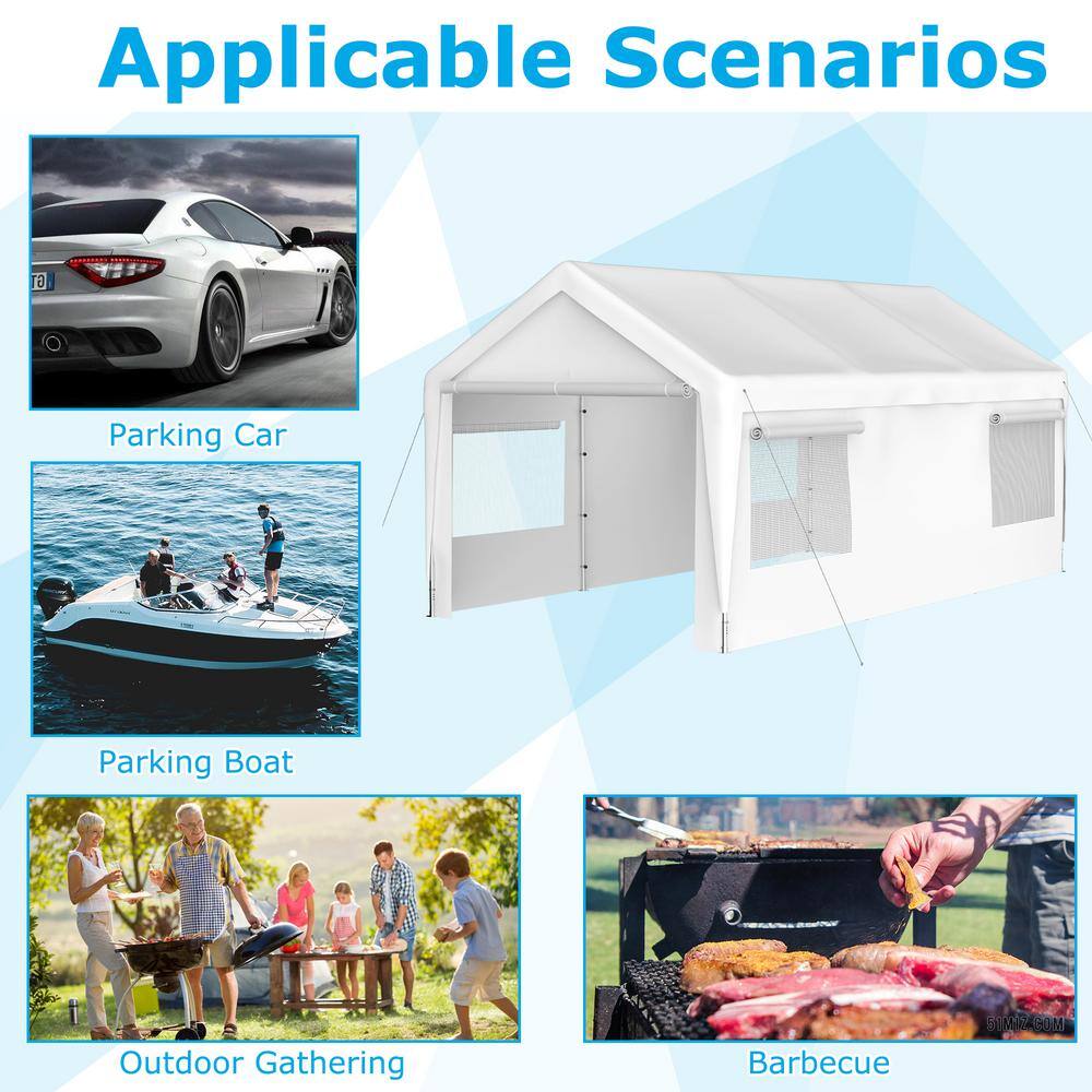 10' x 20' White Portable Steel Frame Carport with Windows
