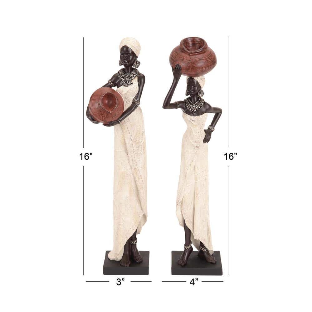 16" Cream Resin African Woman Figurines with Red Water Pots, Set of 2