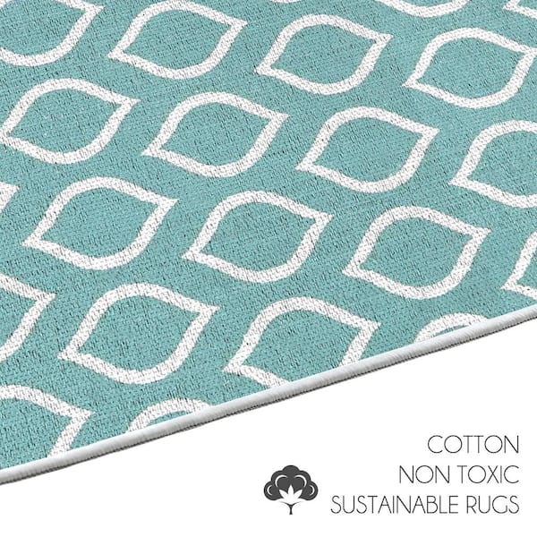 Turquoise Blue & White Cotton Door mat Rug Indoor Outdoor - 2x3