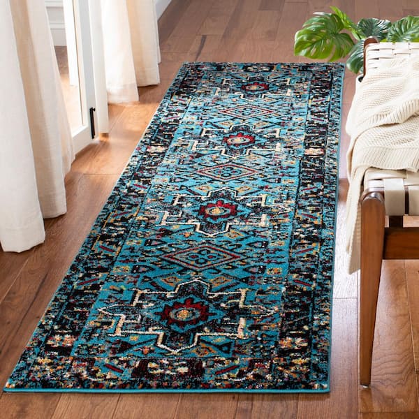 Vintage Hamadan Light Blue/Black 2 ft. x 10 ft. Floral Border Runner Rug