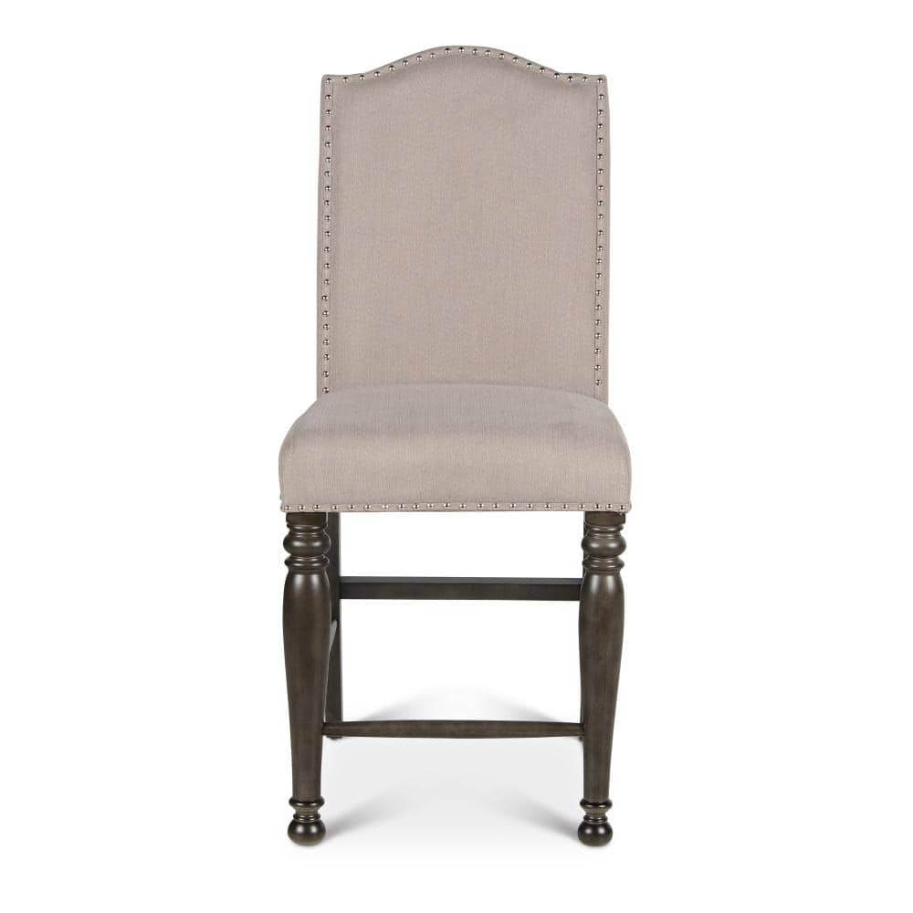 Harbor Gray Transitional Counter Stool with Nailhead Trim and Light Stone Fabric
