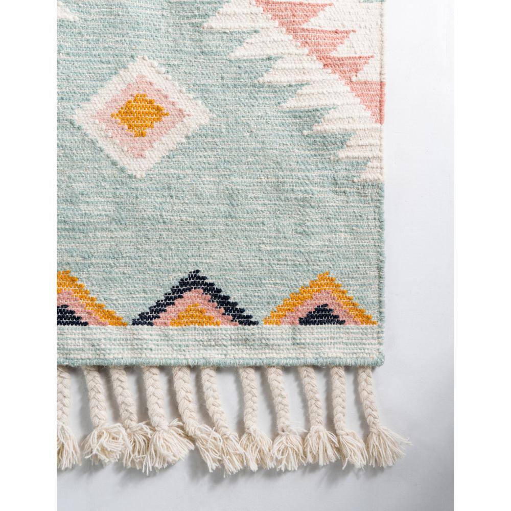 Light Aqua Geometric Hand-knotted Wool Area Rug