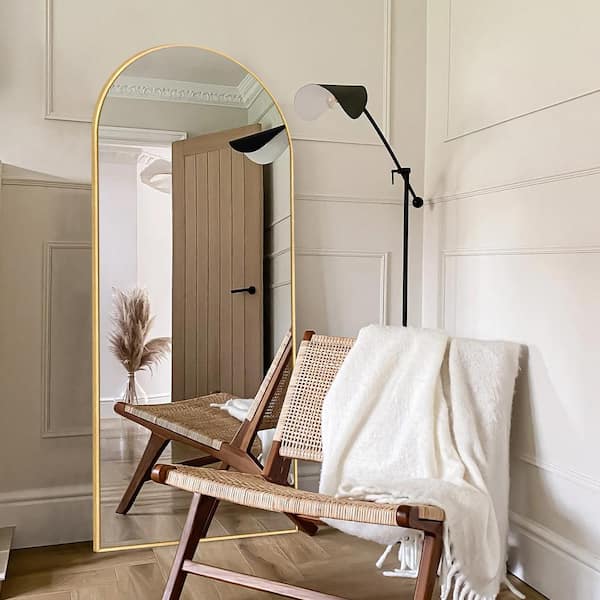 Sxiawe 22 in. W x 65.1 in. H Arched Gold Aluminum Frame Oversized Classic Wall Mount Floor Mirror