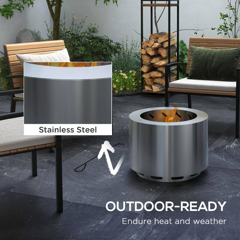 Silver Stainless Steel Smokeless Wood Burning Fire Pit with Poker