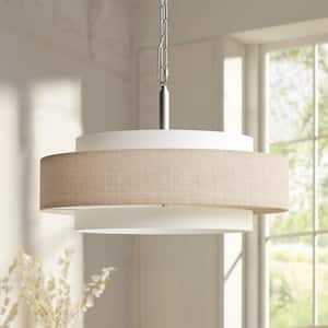 Meridian 5-Light Brushed Chrome Lantern Drum Chandelier with White Shade