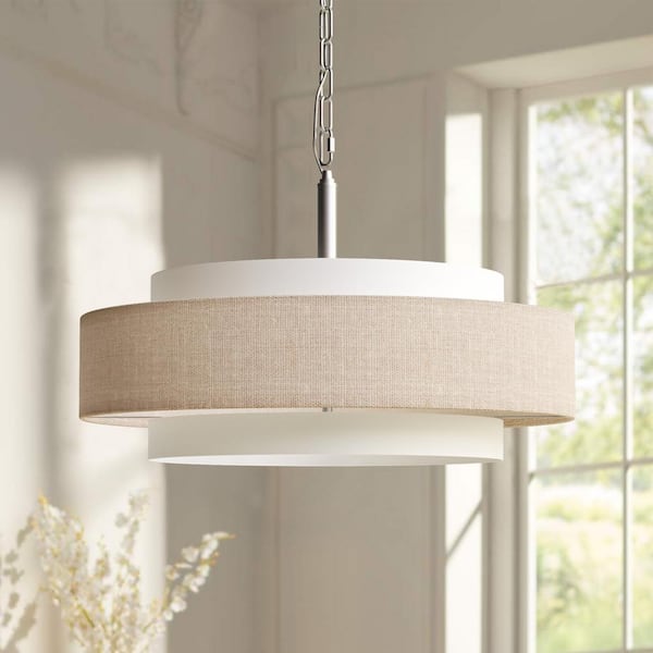 Meridian 5-Light 24 in. White/Wood Modern Drum Dimmable Chandeliers W/ Natural Linen Shades Living Dining Foyer Lighting