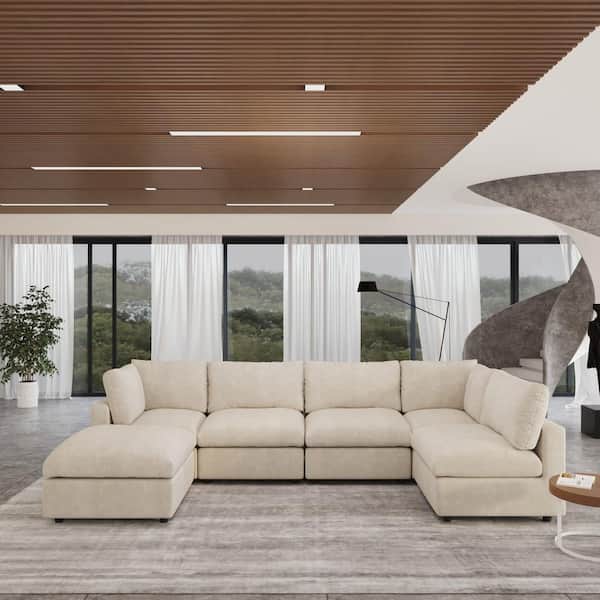 134 in. Square Arm Chenille 6-Piece Modular Free Combination Convertible Sectional Sofa with Movable Covers in Beige