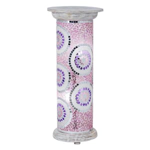 Anastasia 23 in. Wood Cylinder-Base Column Floor Lamp for Living Room with Pink and White Mosaic Glass Shade