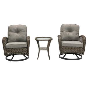 Brown 3-Piece Wicker Outdoor Bistro Set with Gray Cushions (2 Swivel Chairs and Bistro Table)