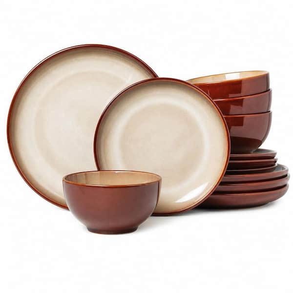 12-Piece Brown Yellow Stoneware Dinnerware Sets (Service for 4), Reactive Glaze Plates and Bowls Sets, Highly Chip
