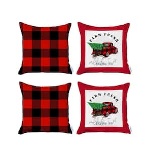Christmas Plaid and Truck Decorative Throw Pillow Square 18 in. x 18 in. Red and White for Couch, Bedding Set of 4