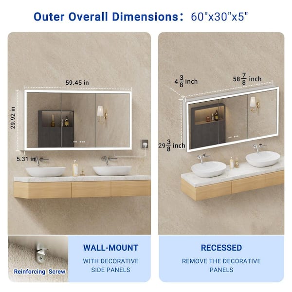 Elega 60 in. W x 30 in. H Rectangular Aluminum Recessed/Wall Mount Dimmable Fogless Lighted Medicine Cabinet with Mirror
