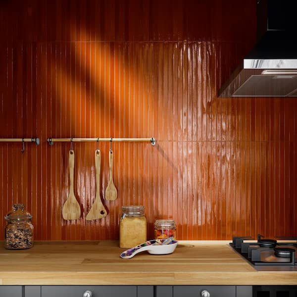 Vistaio Honey Brown 3 in. x 0.35 in. Glossy Ceramic Mosaic Wall Tile Sample