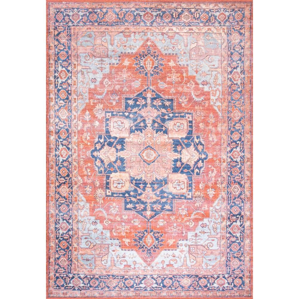 Maris Blue and Orange Medallion Washable Area Rug