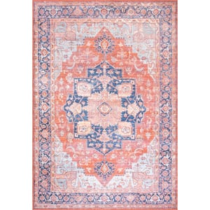 Maris Ornate Medallion Washable Terracotta/Navy 4 ft. x 6 ft. Area Rug