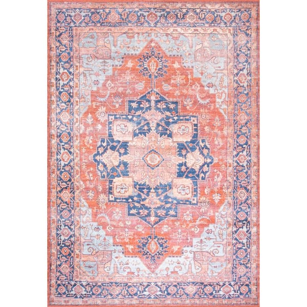Maris Ornate Medallion Washable Terracotta/Navy 9 ft. x 12 ft. Area Rug