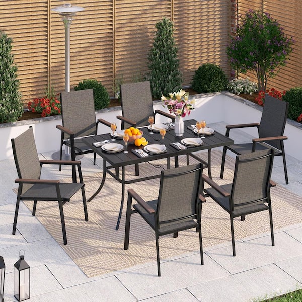 PHI VILLA Black 7-Piece Metal Outdoor Patio Dining Set with Rectangle Table and Stackable Aluminum Chairs