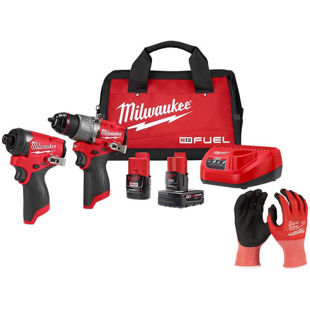 Milwaukee M12 12-Volt FUEL Cordless Brushless Hammer Drill and Impact Driver Combo Kit w/2 Batteries & Medium Nitrile Cut 1 Glove