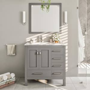 London 38 in. W x 18 in. D x 34 in. H Bathroom Vanity in Gray with White Carrara Marble Top and White Sink