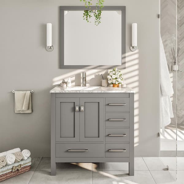 Eviva London 38 in. W x 18 in. D x 34 in. H Bathroom Vanity in Gray with White Carrara Marble Top and White Sink