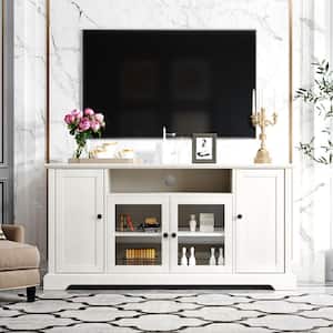 59 in.W White TV Stand Entertainment Center Fits TV's up to 65 in.with 2 Tempered Glass Doors and Adjustable Panels