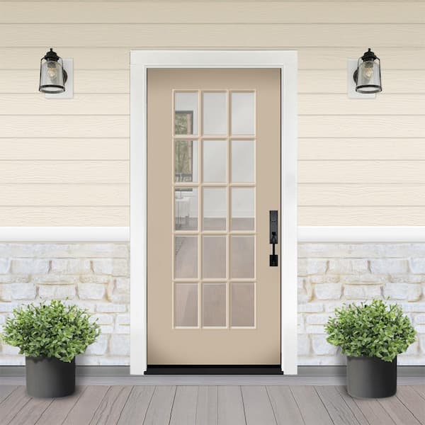 Reliant 36 in. x 80 in. Full Lite 15L SDL Clear Glass LHIS Sandstone Finish Fiberglass Prehung Front Door 4-9/16 Jamb