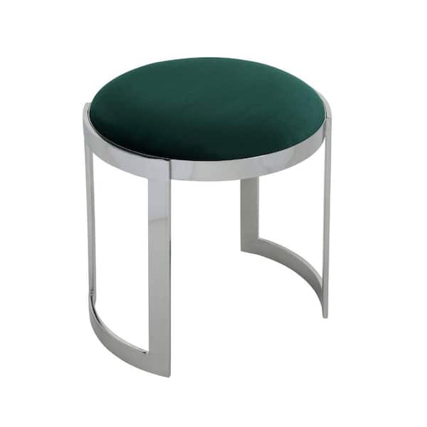 Benjara 19 in. Green and Silver Low Back Metal Accent Stool with Velvet Seat