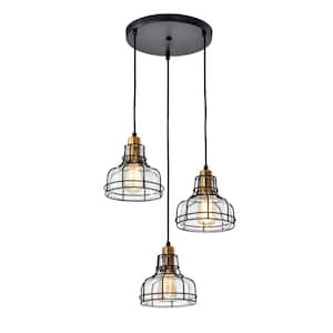 Paris 3-Light Industrial Black and Antique Gold Pendant with Clear Glass Shade and Black Cage