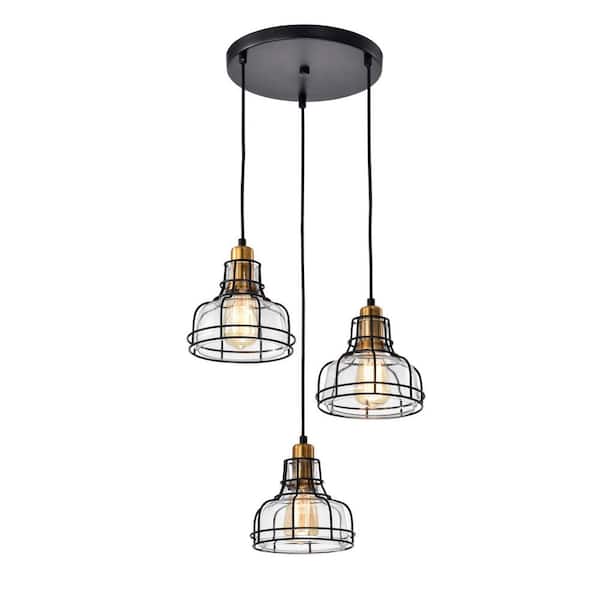 Edvivi Paris 3-Light Industrial Black and Antique Gold Pendant with Clear Glass Shade and Black Cage