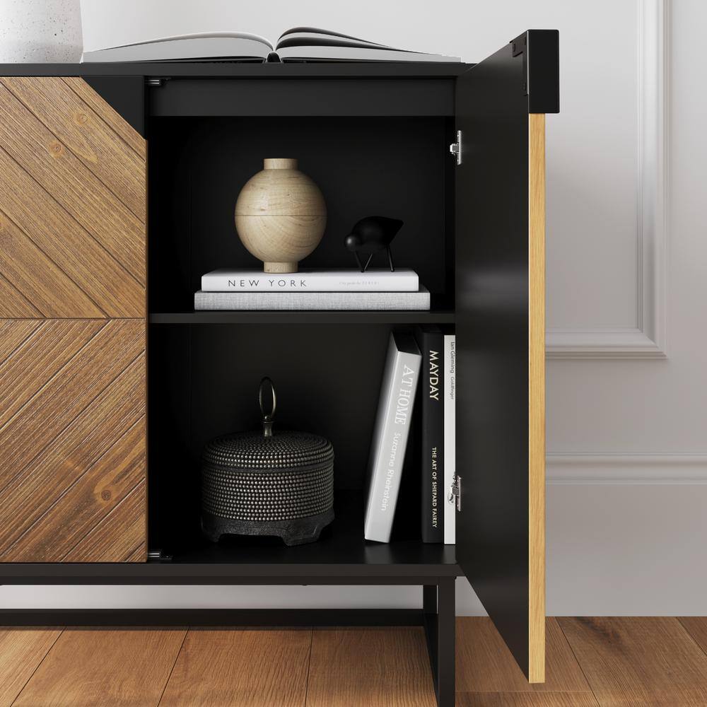 Matte Black and Brushed Fir Freestanding Storage Cabinet