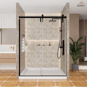 59.6-60.6 in. W x 76 in. H Frameless Glass Shower Door in Matte Black with Glass Certified by SGCC