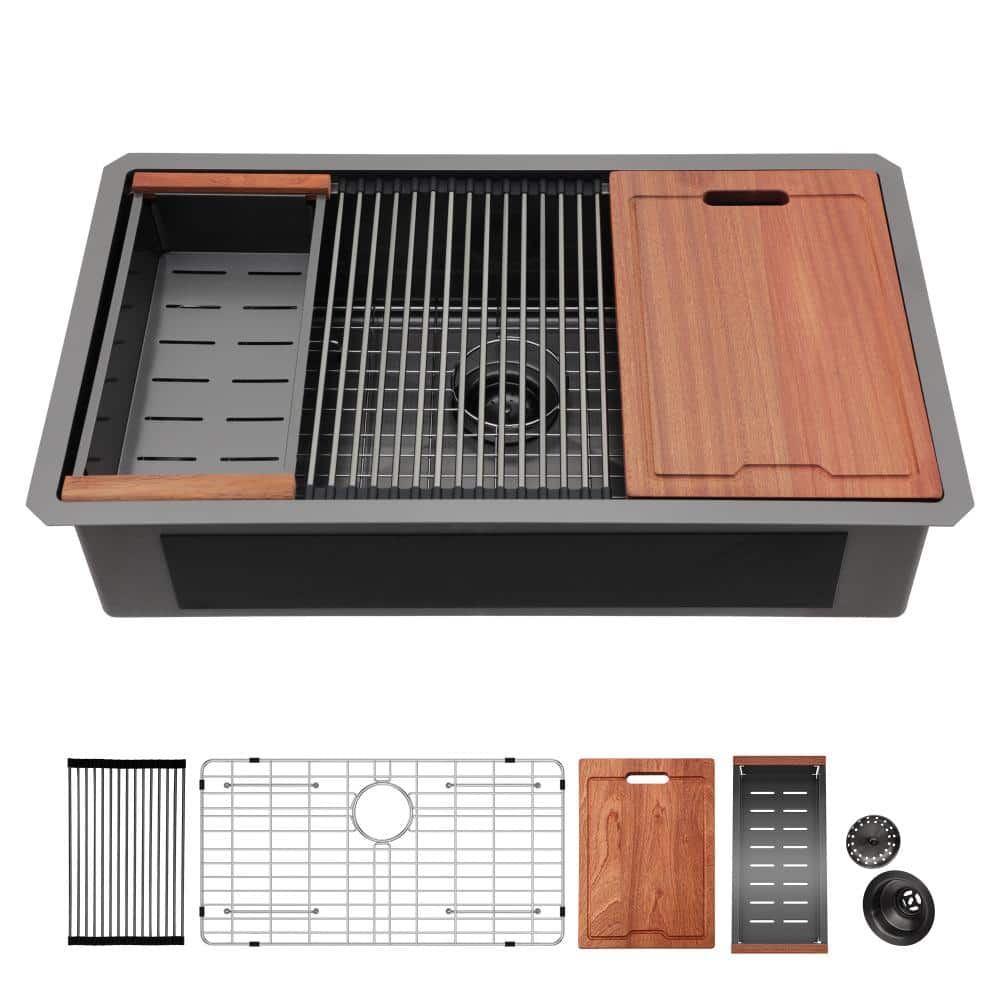 33 in. Undermount Single Bowl 16 Gauge Gunmetal Black Stainless Steel Kitchen Sink with Workstation price history on PriceWatchPro