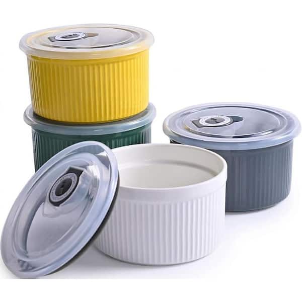 4-Piece Round Ceramic Ramekin Set with Lids, Oven Safe Baking Dishes for Souffle, Creme Brulee, Dessert