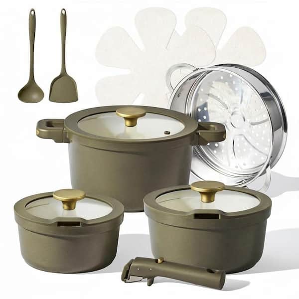 12 Piece Olive Green Ceramic Nonstick Induction Compatible Cooking Saucepan Set with Detachable Handles and Lids